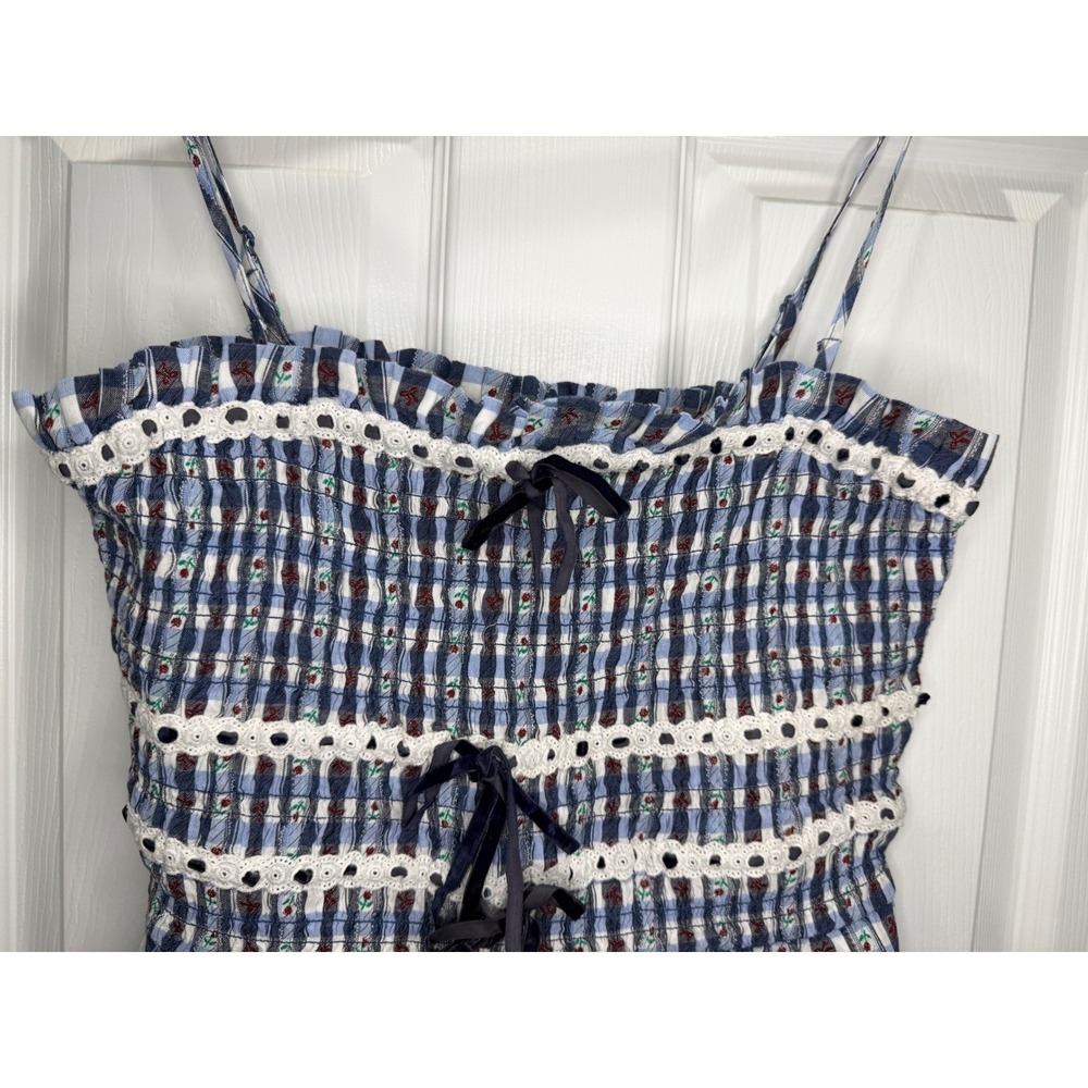 Damson Madder Blue Gingham Rose Smocked Ruffle Cami Top Size UK 16 / US 12 NWT - Picture 3 of 10